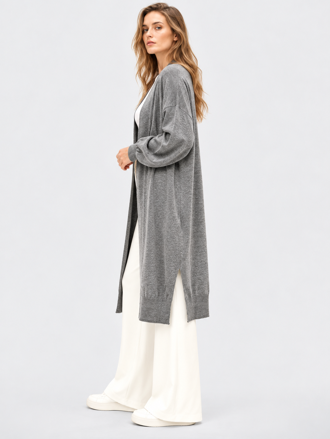 women's grey wool longline open front cardigan