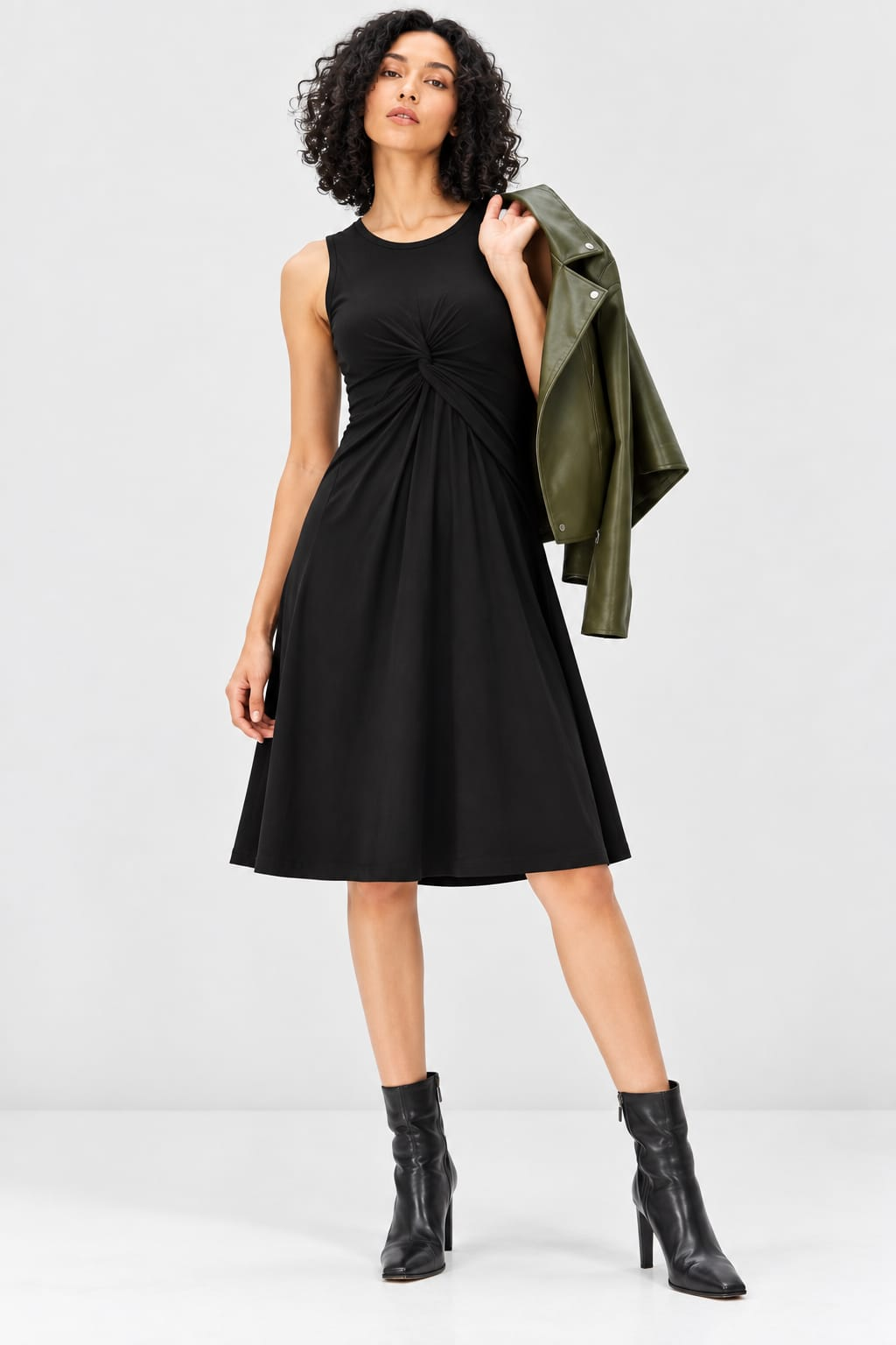 Black Cotton Jersey Knot Detail Sleeveless Midi Dress
