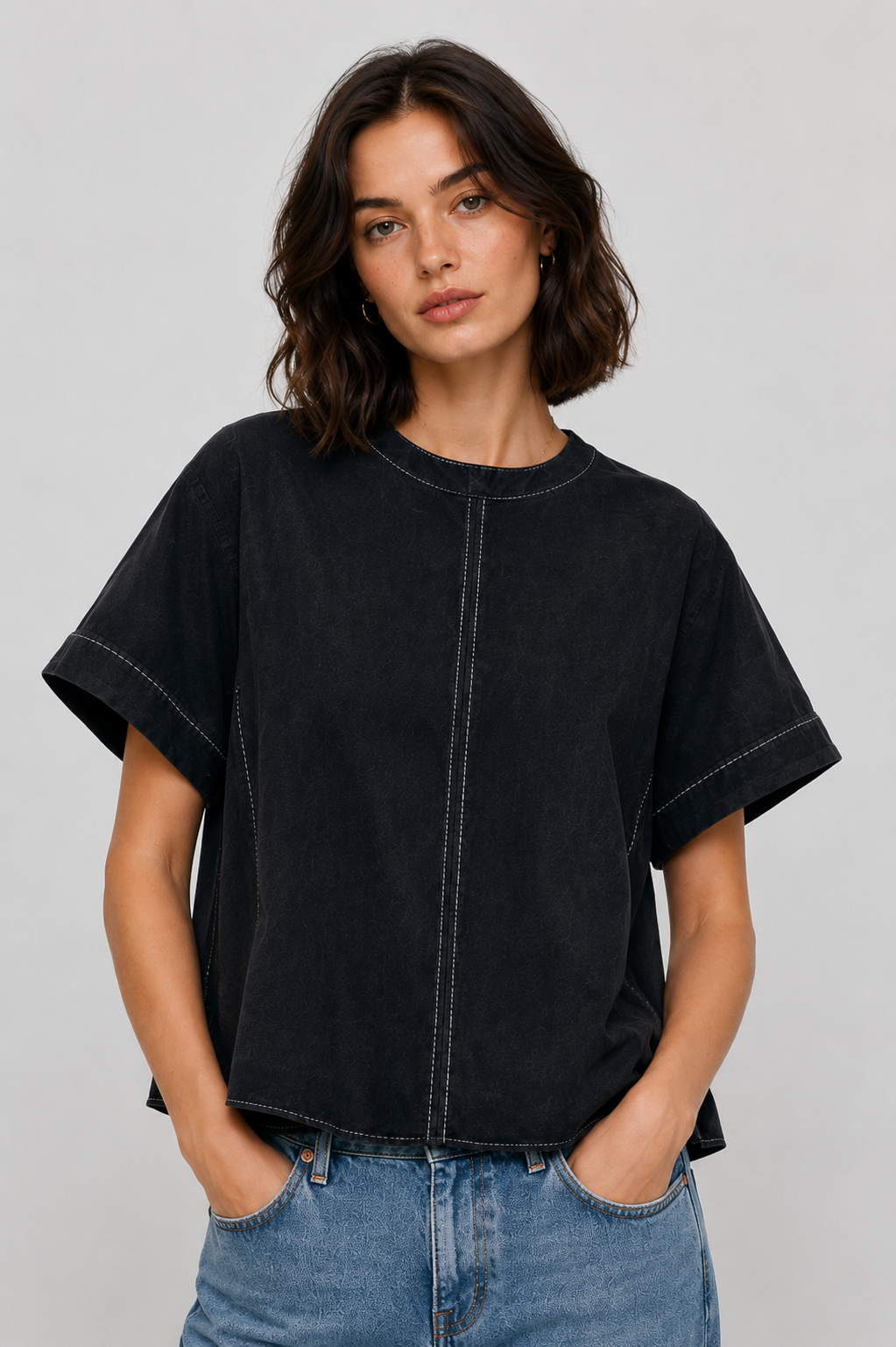 Women’s Black Denim Relaxed Fit Short Sleeve Top