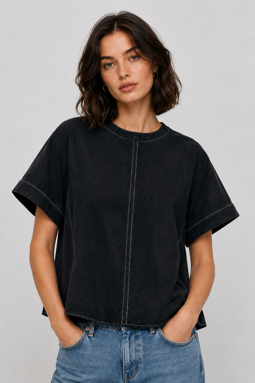 Women’s Black Denim Relaxed Fit Short Sleeve Top