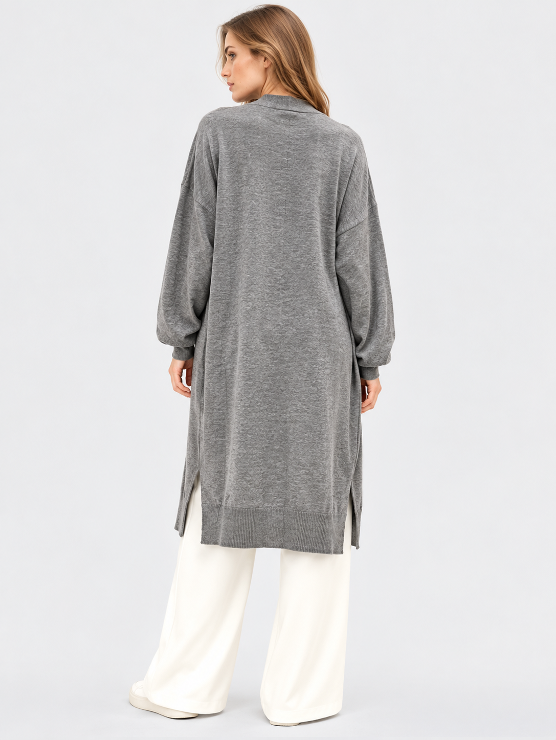 women's grey wool longline open front cardigan