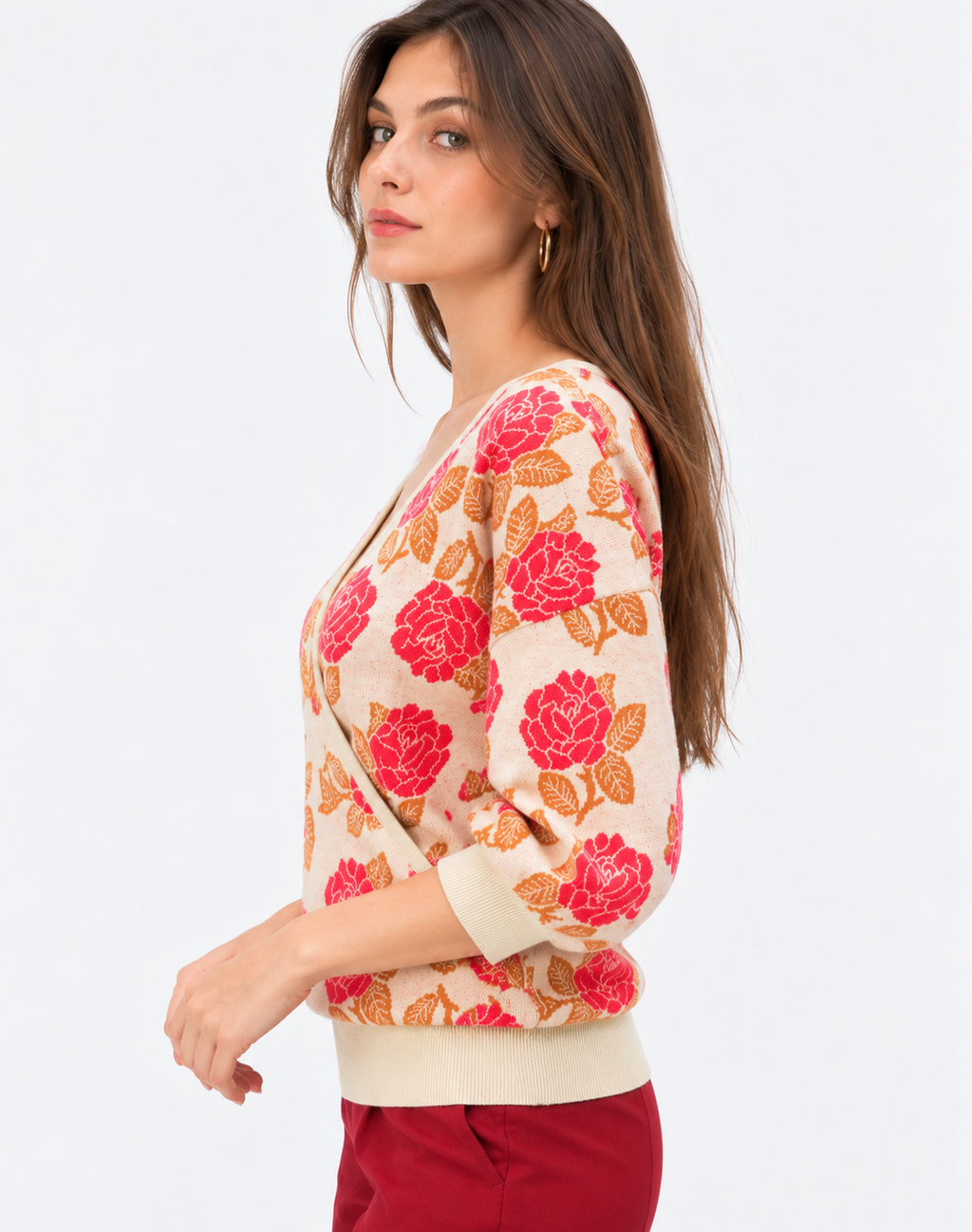 Floral Jacquard Wrap Knit Sweater for Women