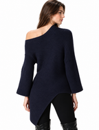 women's navy blue rib knit cotton blend asymmetric top
