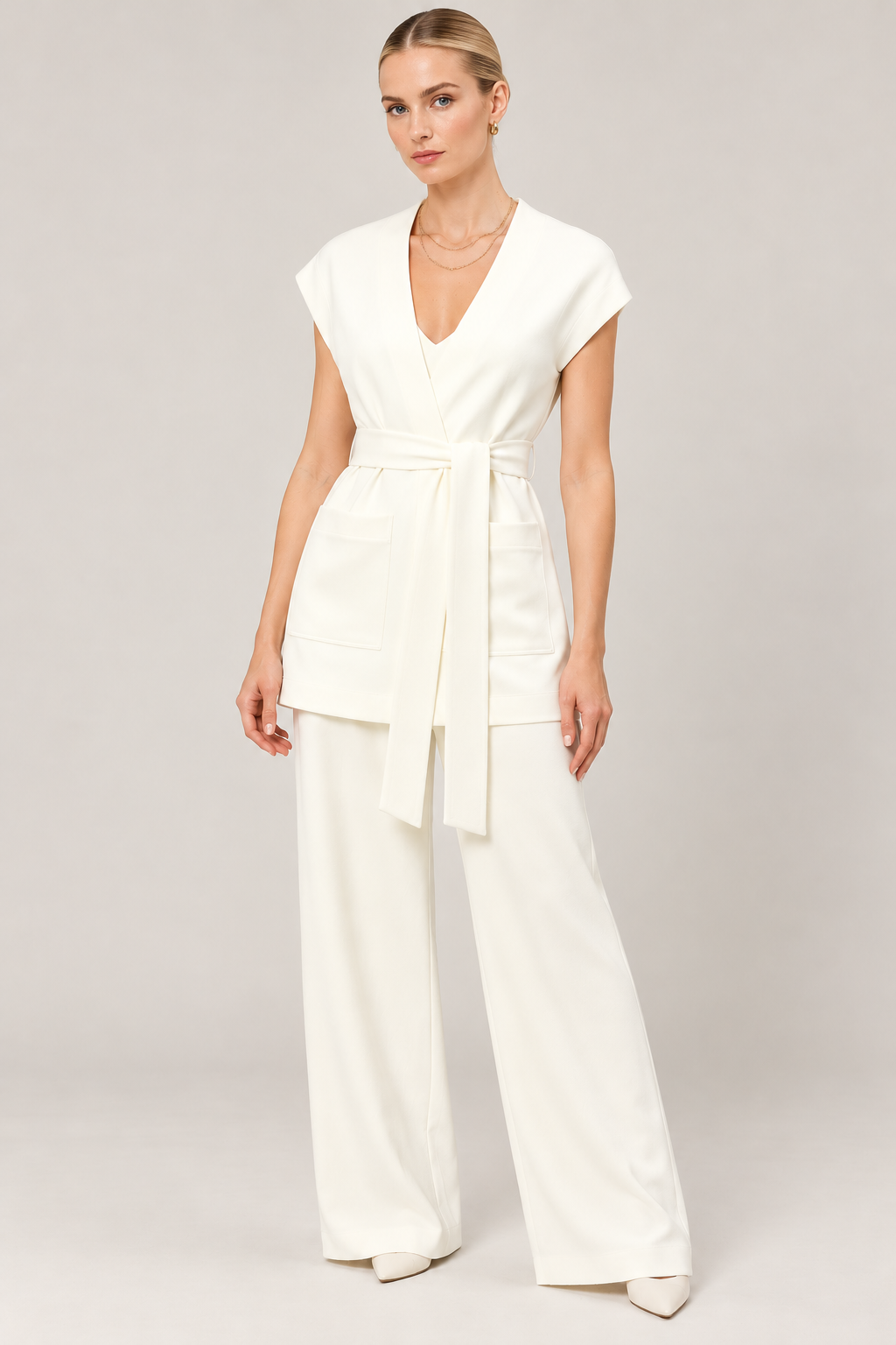 Women's Ivory White Twill Wrap Vest with Self-Tie Belt | Sleeveless V-Neck Waistcoat