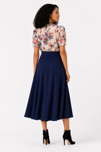 Navy High-Waisted Flared Midi Skirt