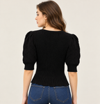 Women's Black Cotton Knit Cardigan with Puff Sleeves and Button Front