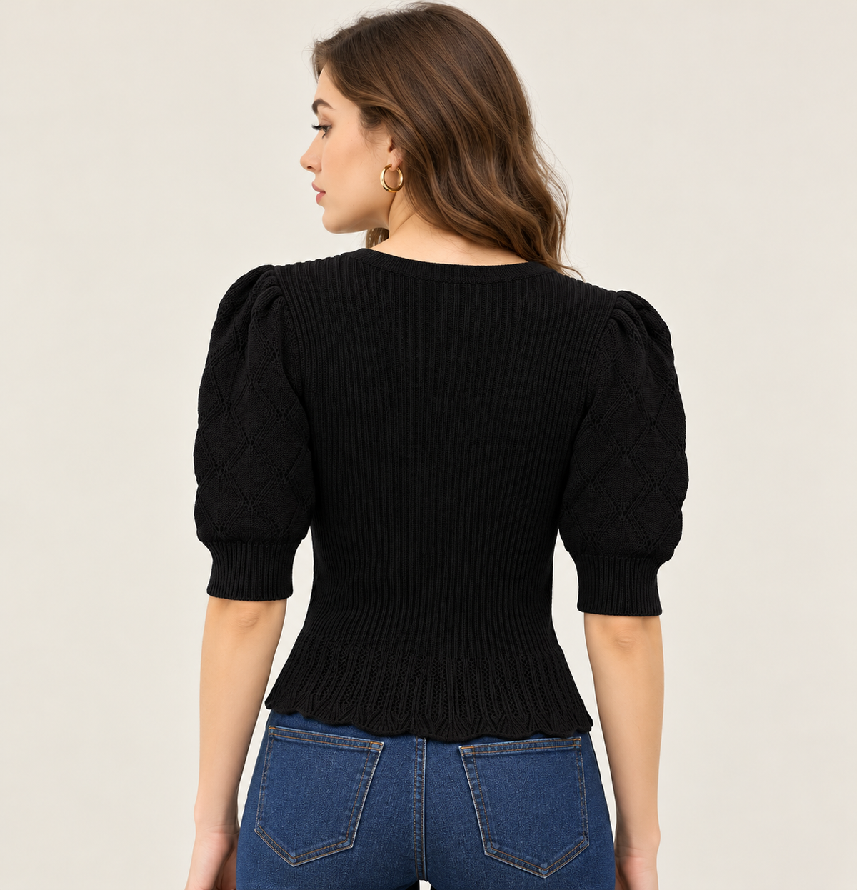 Women's Black Cotton Knit Cardigan with Puff Sleeves and Button Front