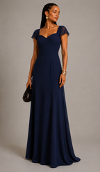 Navy blue polyester crepe maxi dress with sweetheart neckline, flutter sleeves, fitted bodice, and flowing floor-length A-line skirt worn by a female fashion model.
