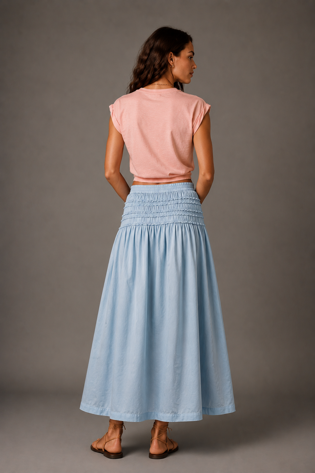 Sky Blue Smocked Cotton Maxi Skirt