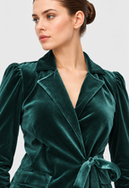 Women's Teal Green Velvet Belted Blazer Jacket with Puff Sleeves | Elegant Winter Outerwear