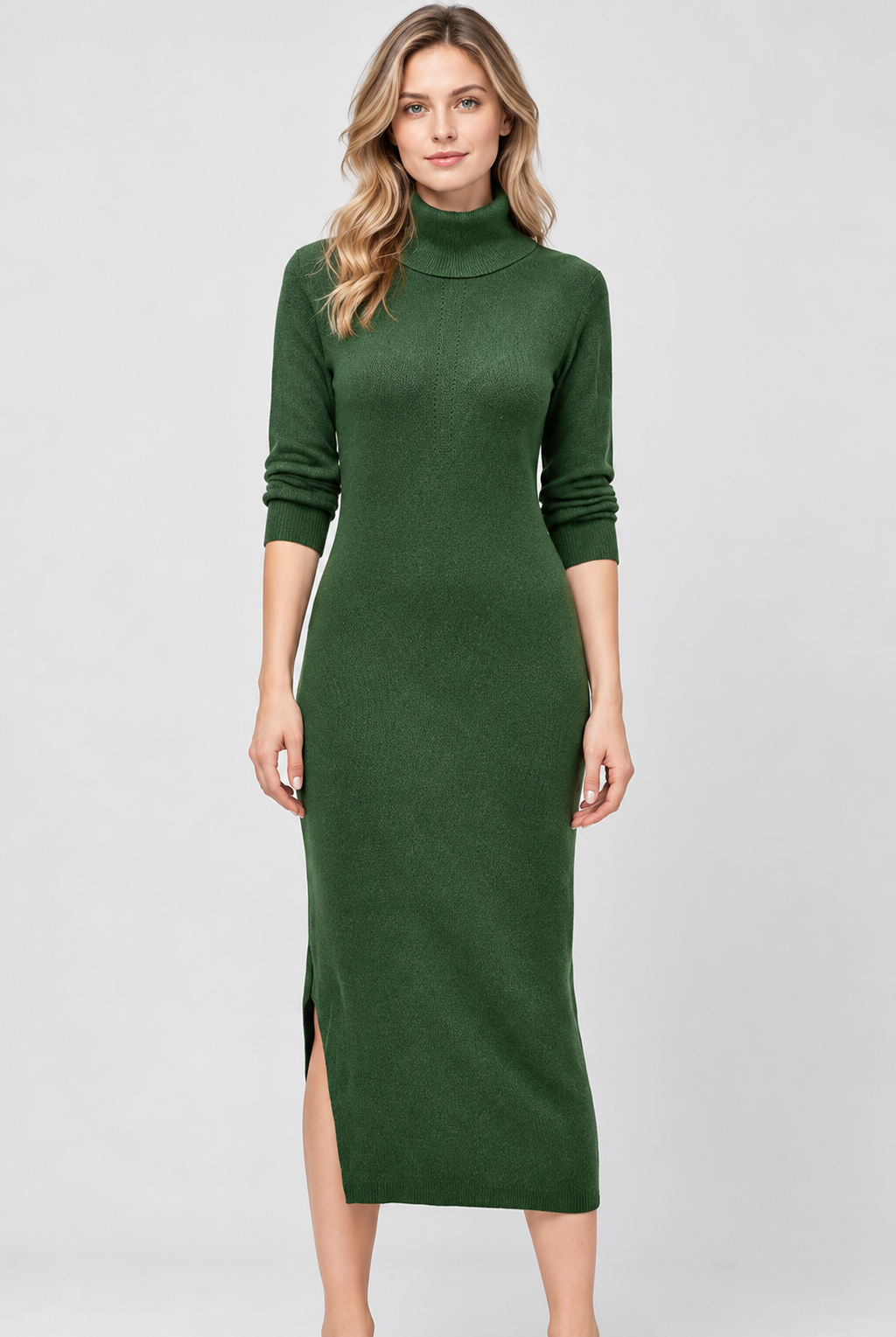 Women's Green Cotton Blend Rib Knit Turtleneck Midi Dress