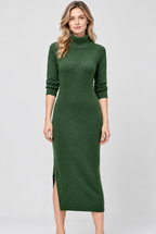 Women's Green Cotton Blend Rib Knit Turtleneck Midi Dress