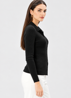 black wool knit button-front cardigan for women