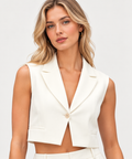 Women’s White Polyester Sleeveless Tailored Cropped Blazer