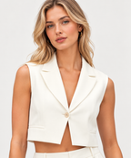 Women’s White Polyester Sleeveless Tailored Cropped Blazer