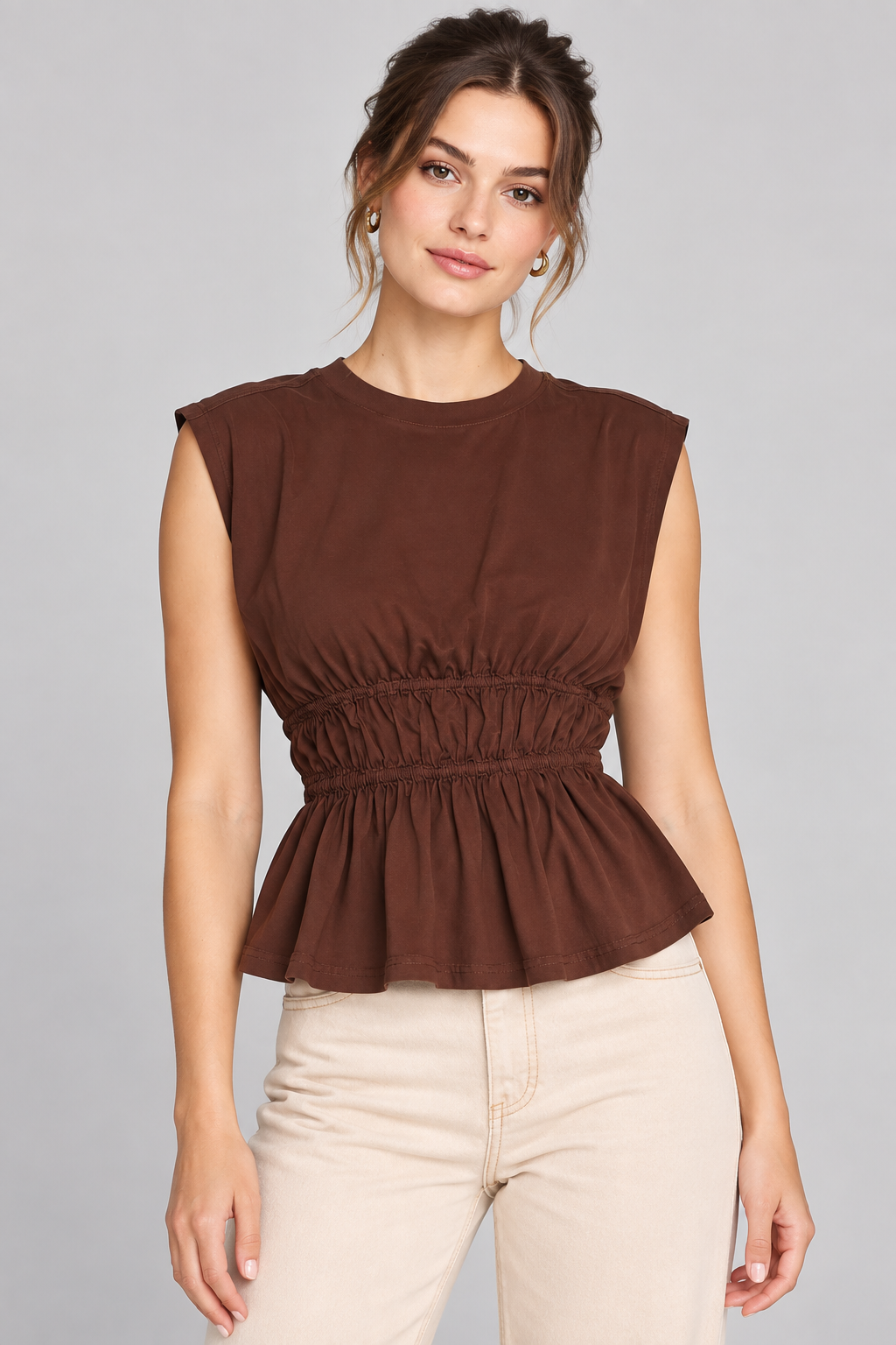 Women’s Brown Cotton Sleeveless Peplum Top