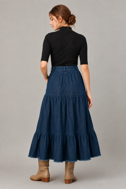 Cotton Denim Tiered Maxi Skirt