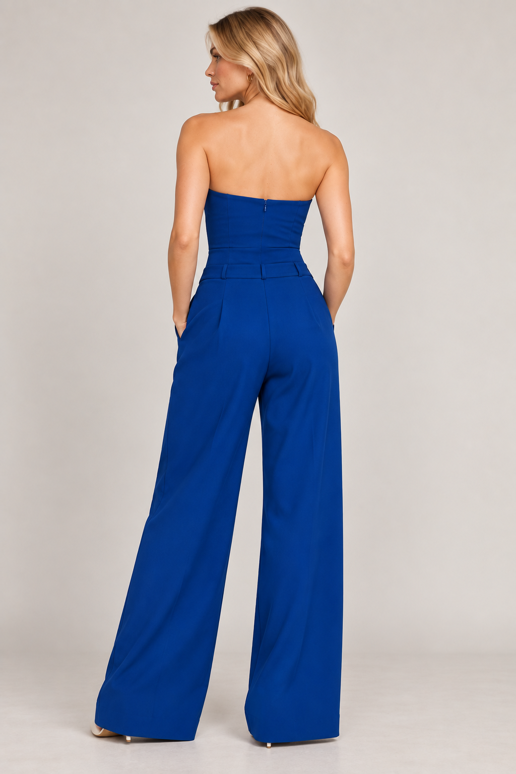 Women’s Blue Polyester Strapless Wide-Leg Jumpsuit