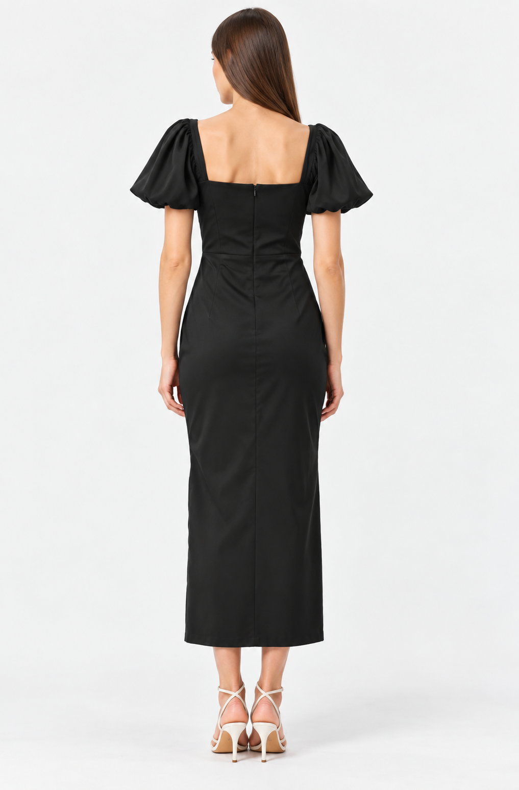 Cotton Satin Square Neck Puff Sleeve Midi Dress