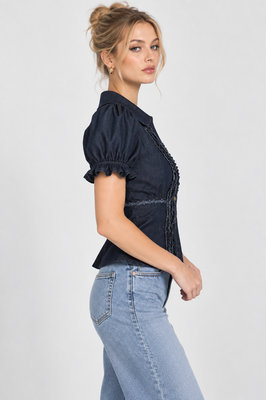Women’s Dark Blue Denim Puff Sleeve Peplum Top