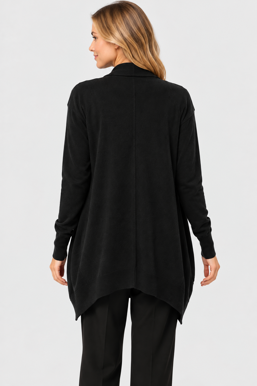 Women's Black Wool Knit Open-Front Longline Cardigan with Shawl Collar