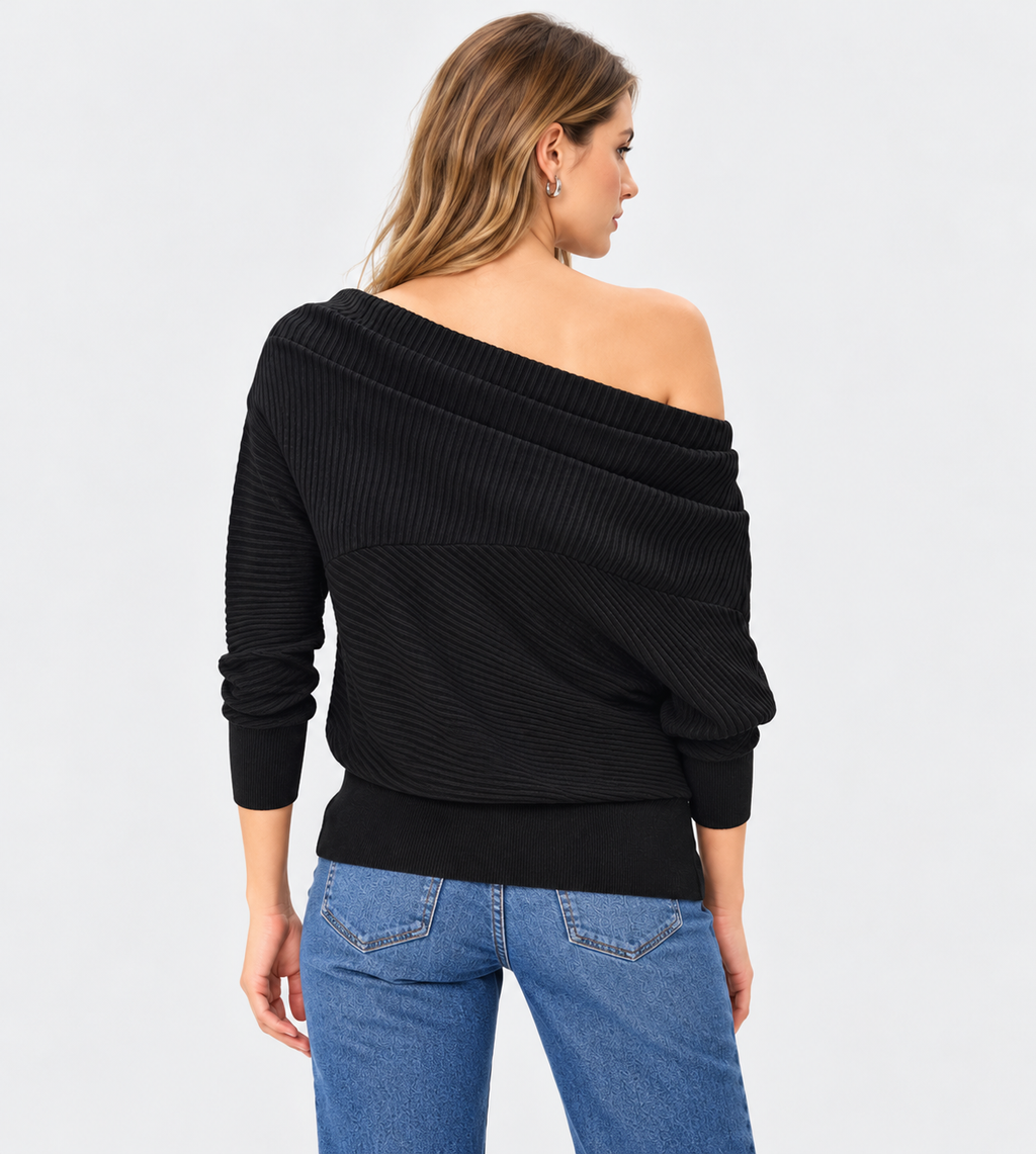 women's black wool blend rib knit off shoulder sweater