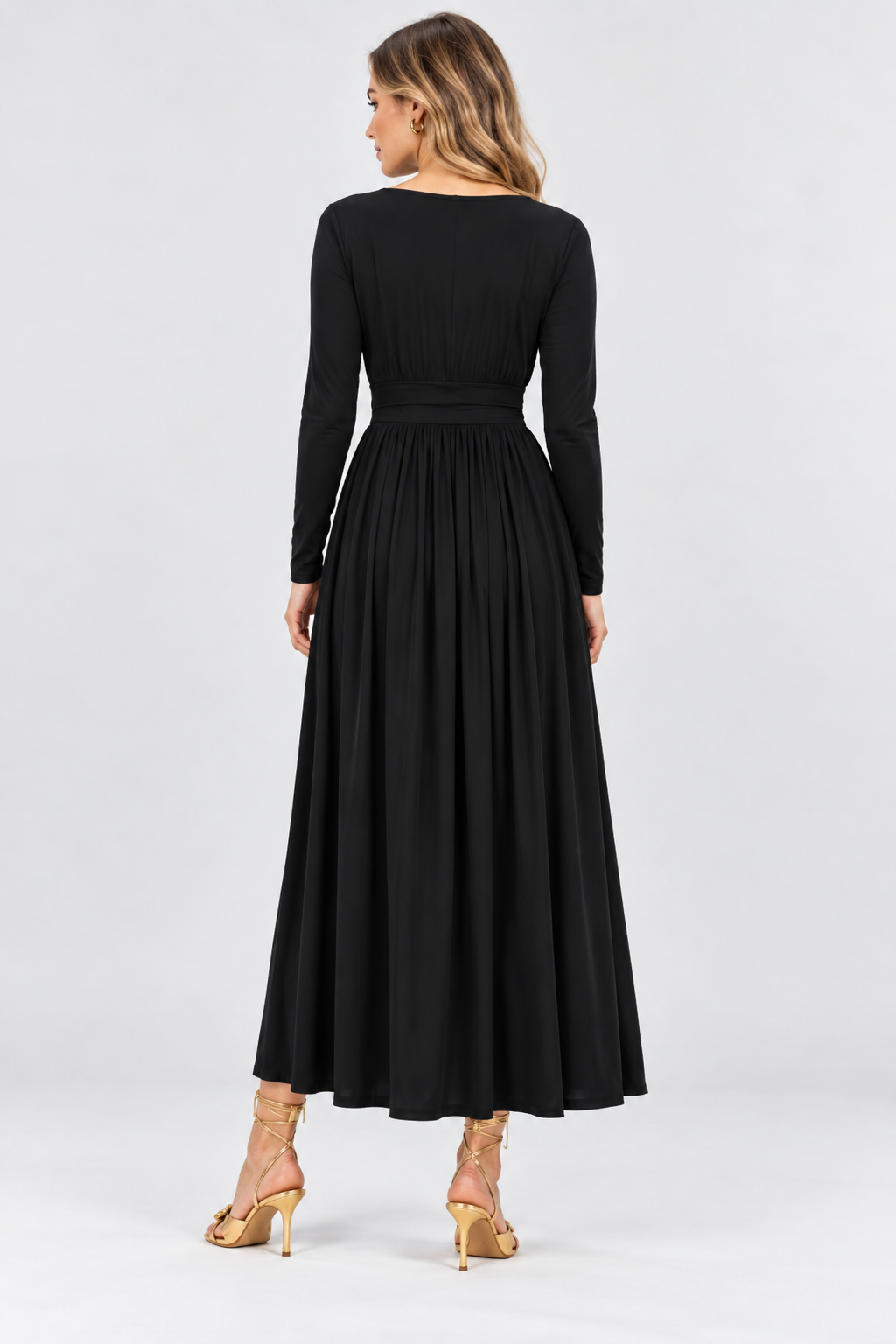 Black Jersey Knit V-Neck Long Sleeve Maxi Dress