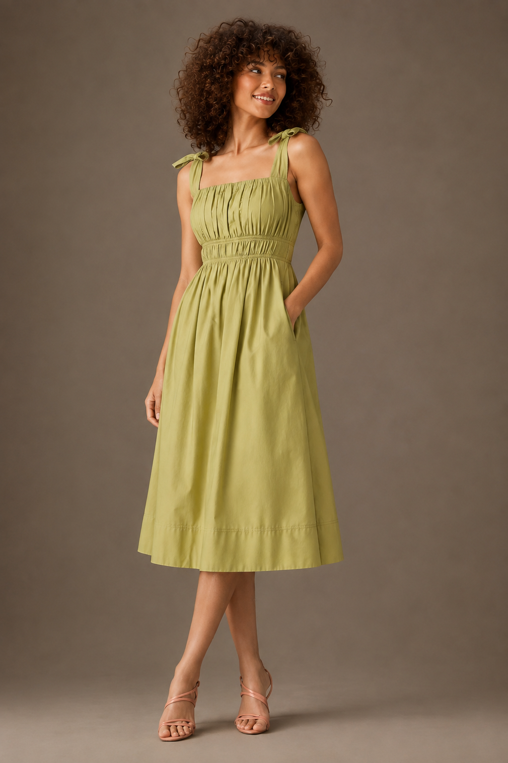 Olive Green Cotton Smocked Midi Dress