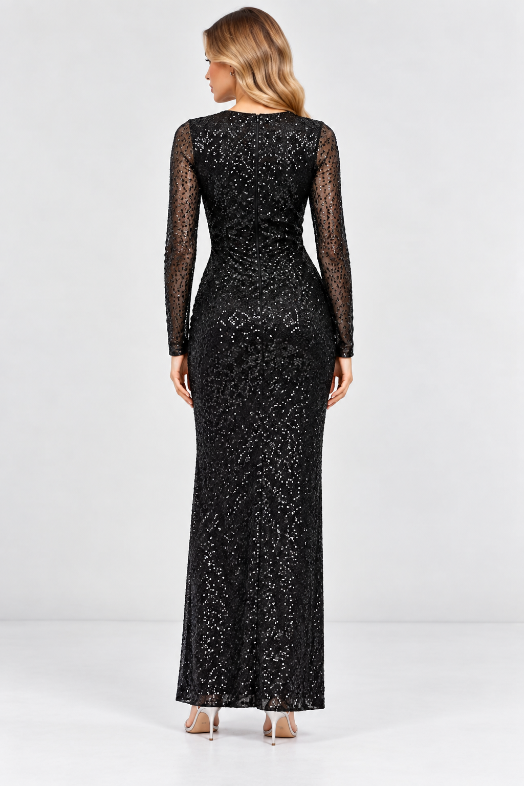 Black Sequin Mesh Long Sleeve Maxi Dress