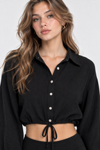 Women’s Black Cotton Cropped Button-Down Shirt