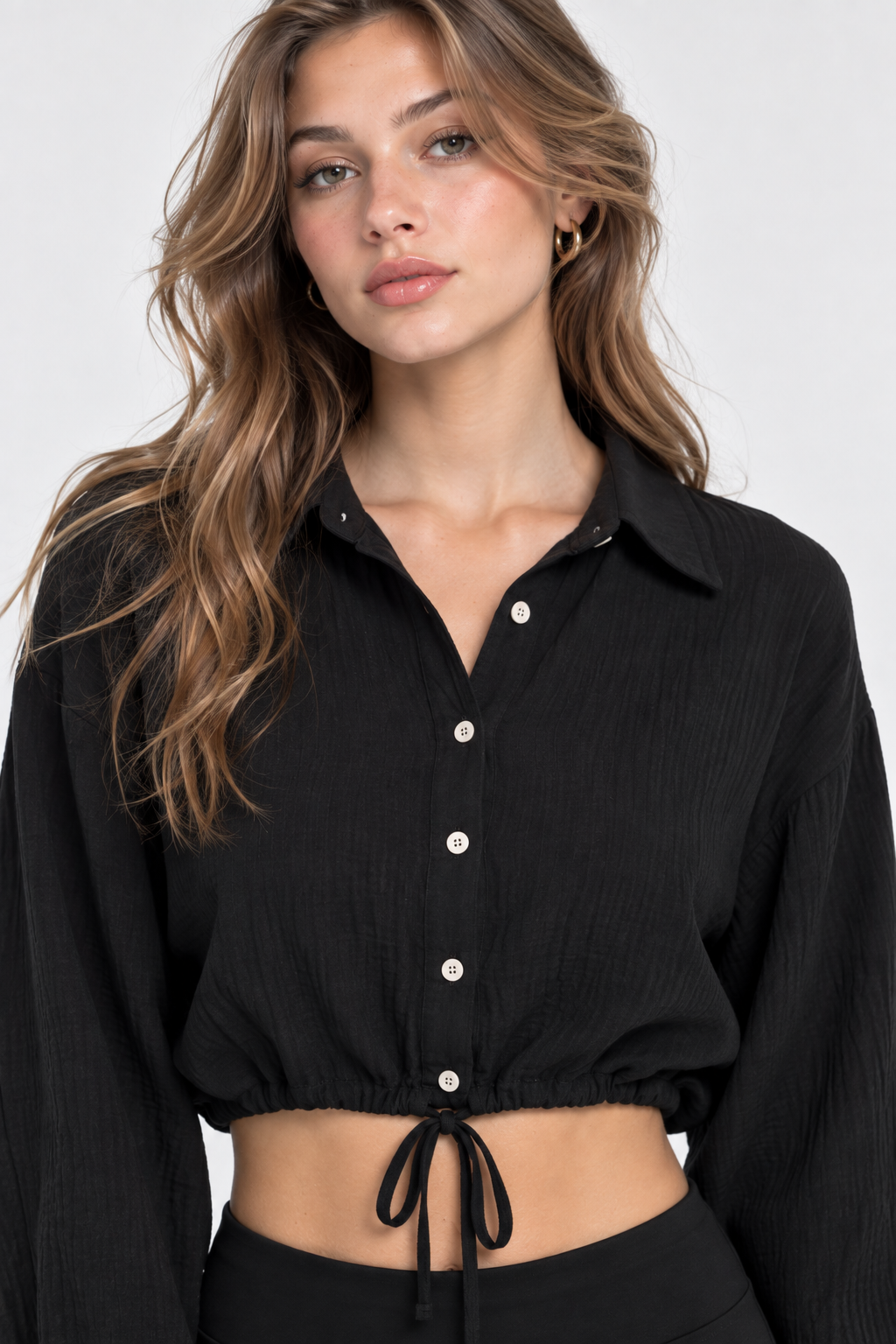 Women’s Black Cotton Cropped Button-Down Shirt