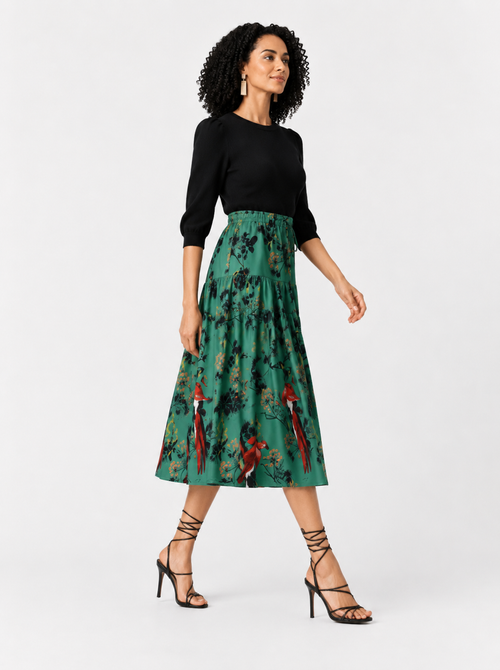 Sage Green Botanical Print Tiered Midi Skirt