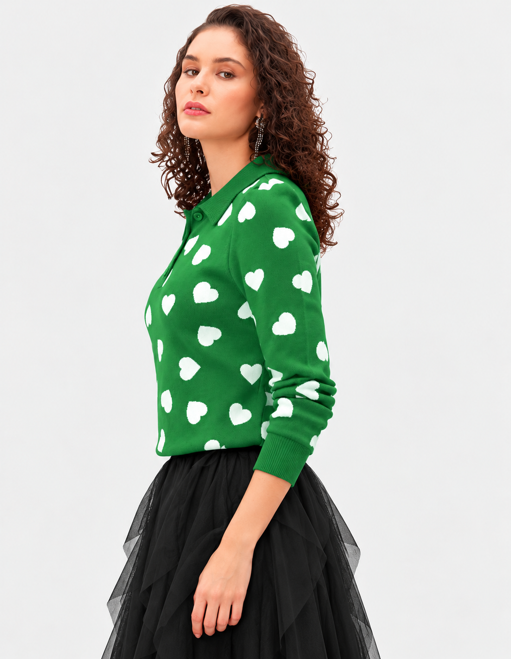 Women's Green Jacquard Knit Sweater with White Heart Print and Polo Collar