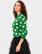Women's Green Jacquard Knit Sweater with White Heart Print and Polo Collar