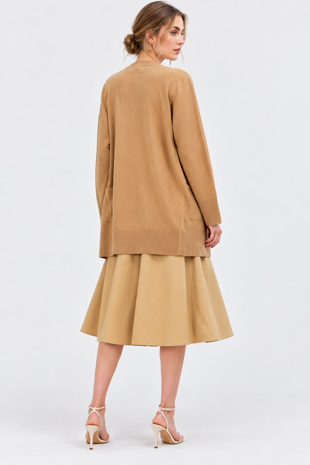 women's camel brown wool blend open-front cardigan with long sleeves and pockets