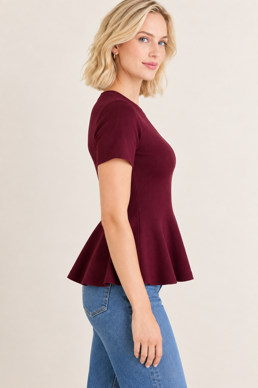 Women’s Burgundy Rayon Short Sleeve Peplum Top