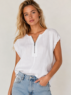 White Cotton Linen Ruffle Trim Zip Front Relaxed Fit Top
