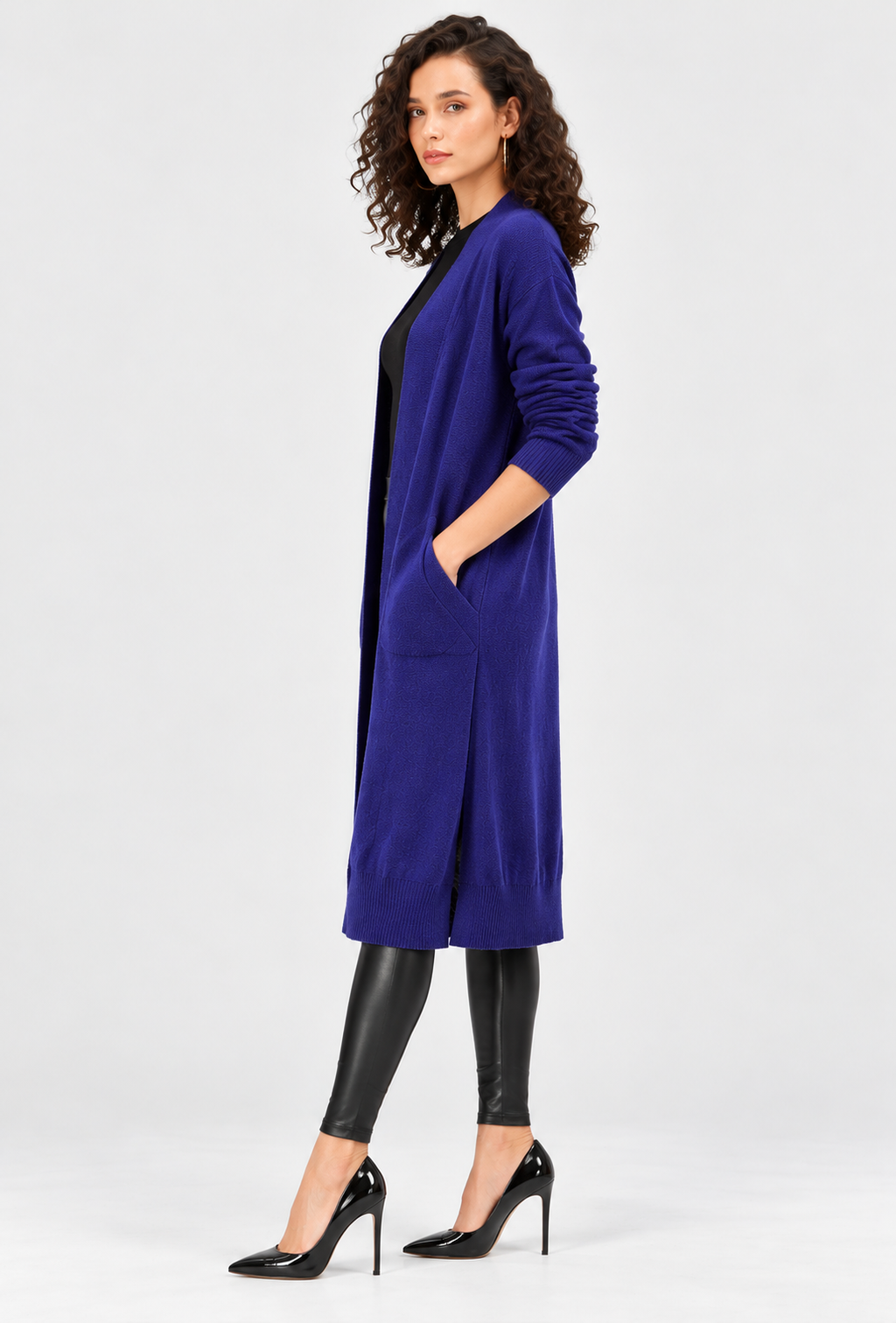 women's royal blue wool cashmere blend longline cardigan