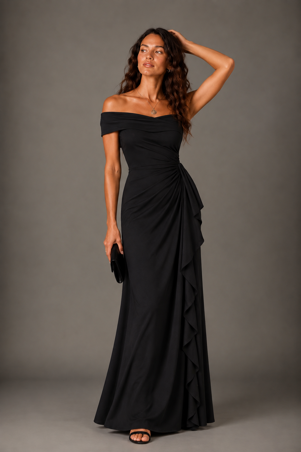 Black Crepe Off-Shoulder Draped Maxi Dress with Ruffle Detail