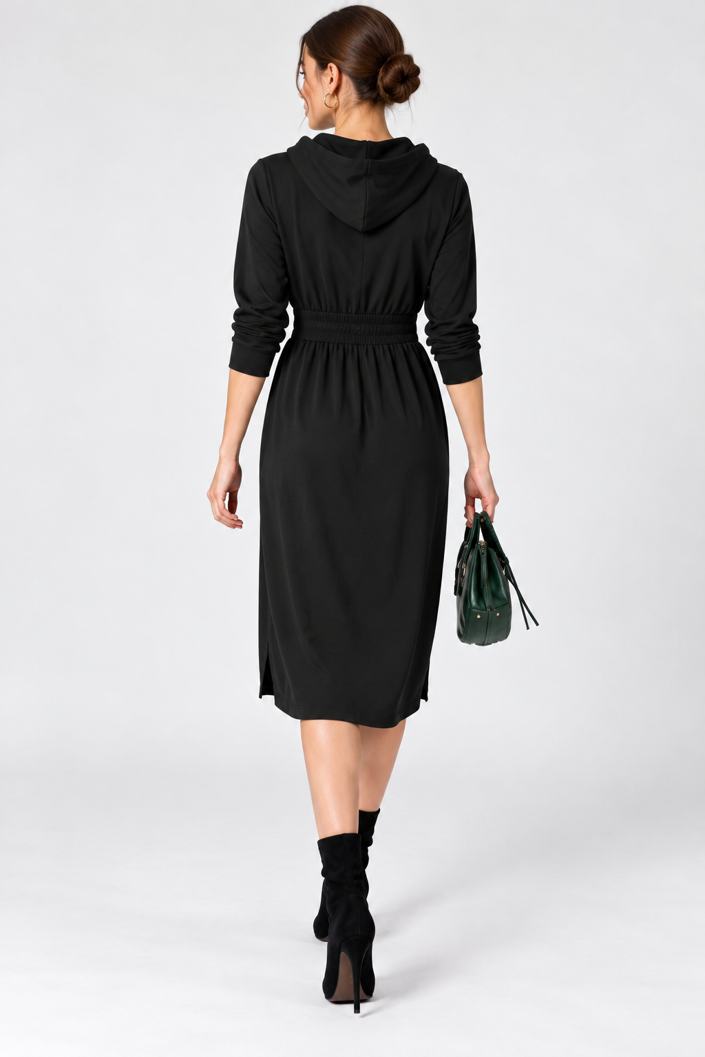Women’s Black Cotton Jersey Hooded Midi Dress with Drawstring Waist