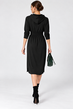 Women’s Black Cotton Jersey Hooded Midi Dress with Drawstring Waist