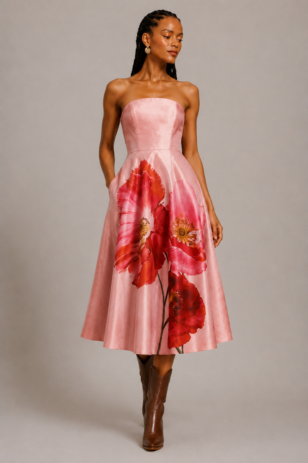 Pink Floral Dupioni Fit & Flare Midi Dress
