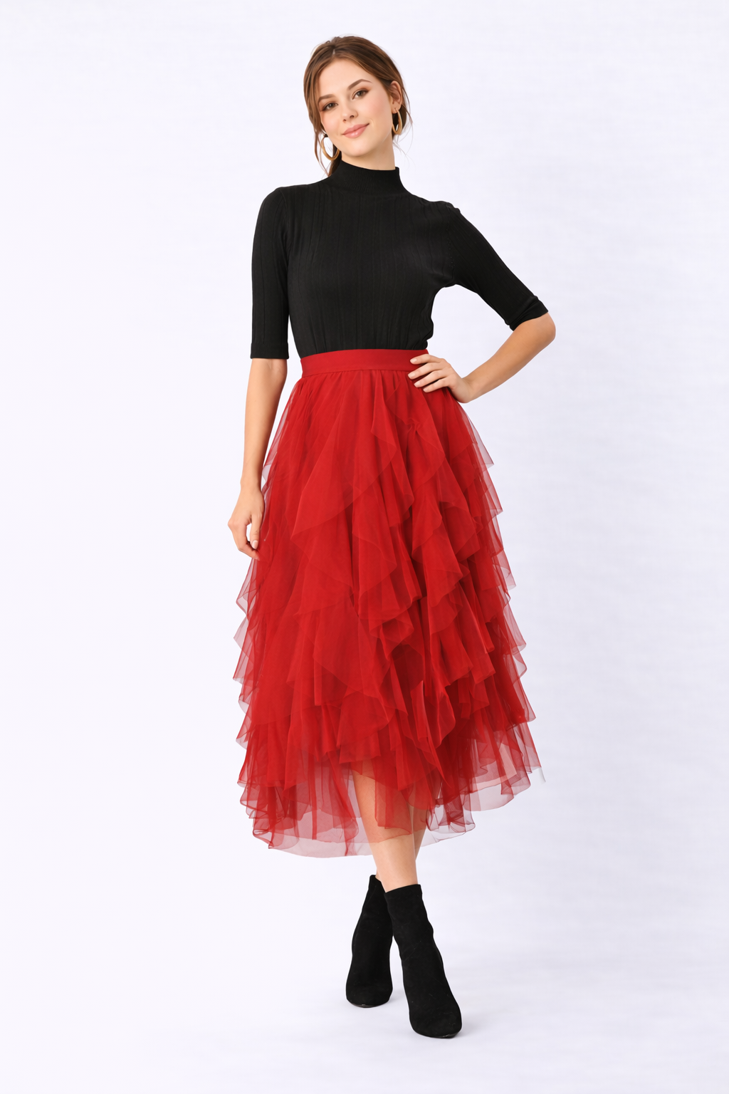 Raw Edge Ruffle Asymmetric Layer Sheer Mesh Skirt
