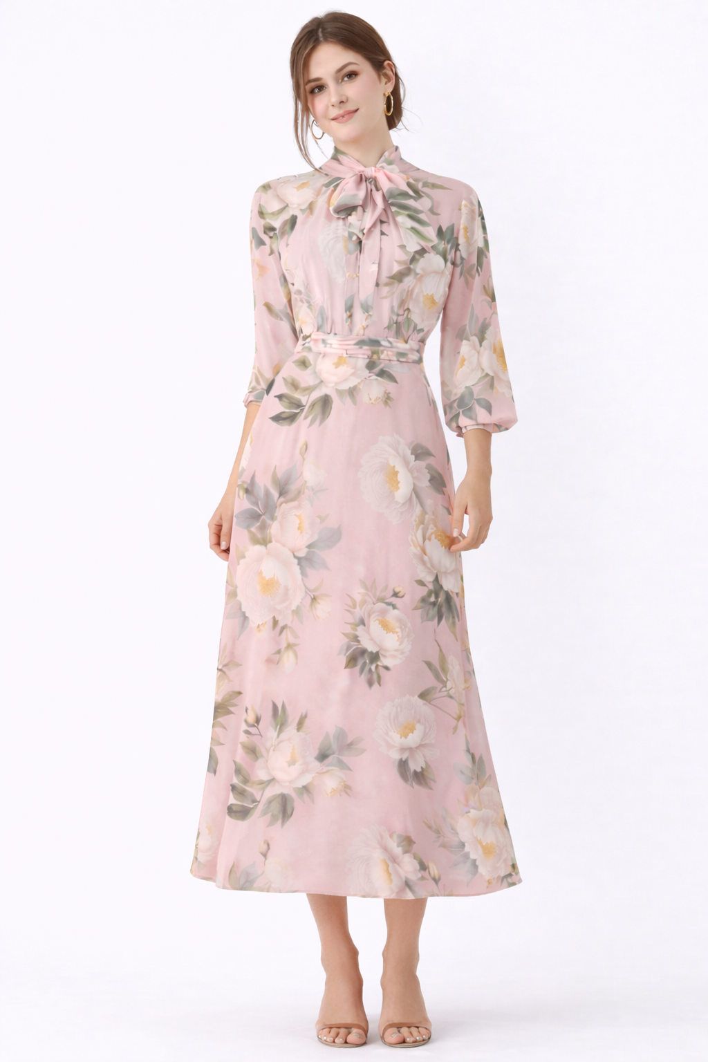 Blush Floral Tie-Neck Midi Dress