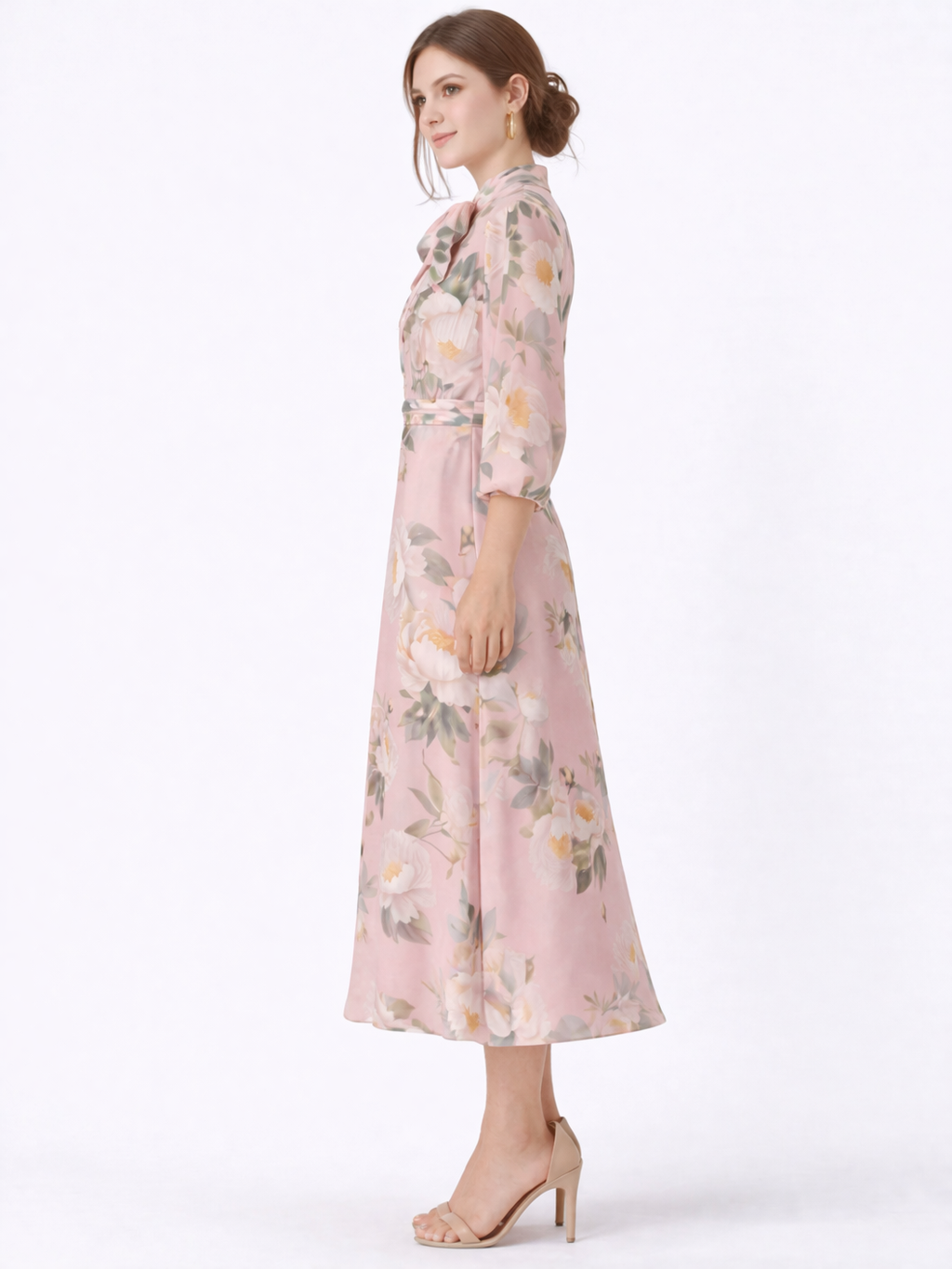 Blush Floral Tie-Neck Midi Dress