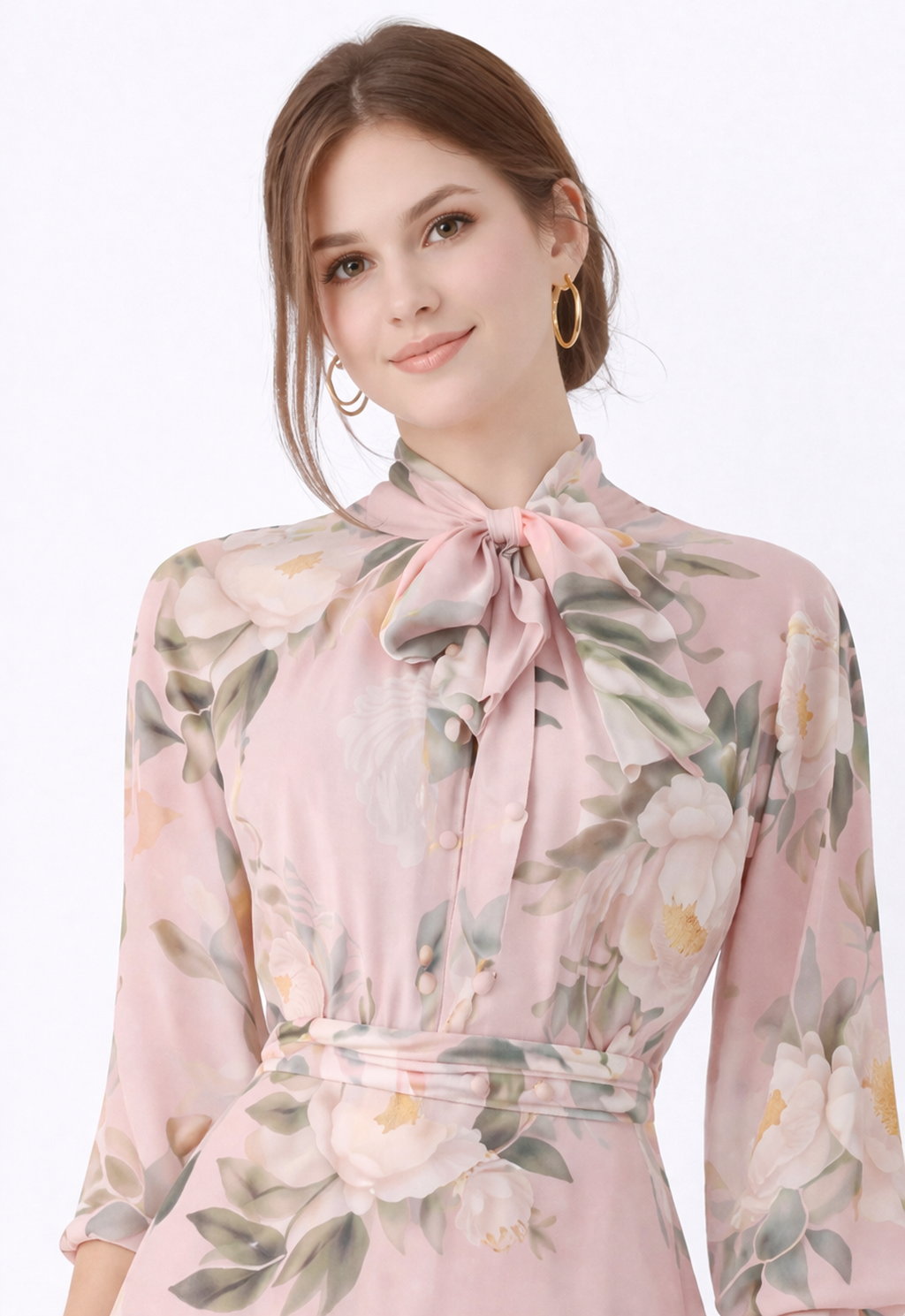 Blush Floral Tie-Neck Midi Dress