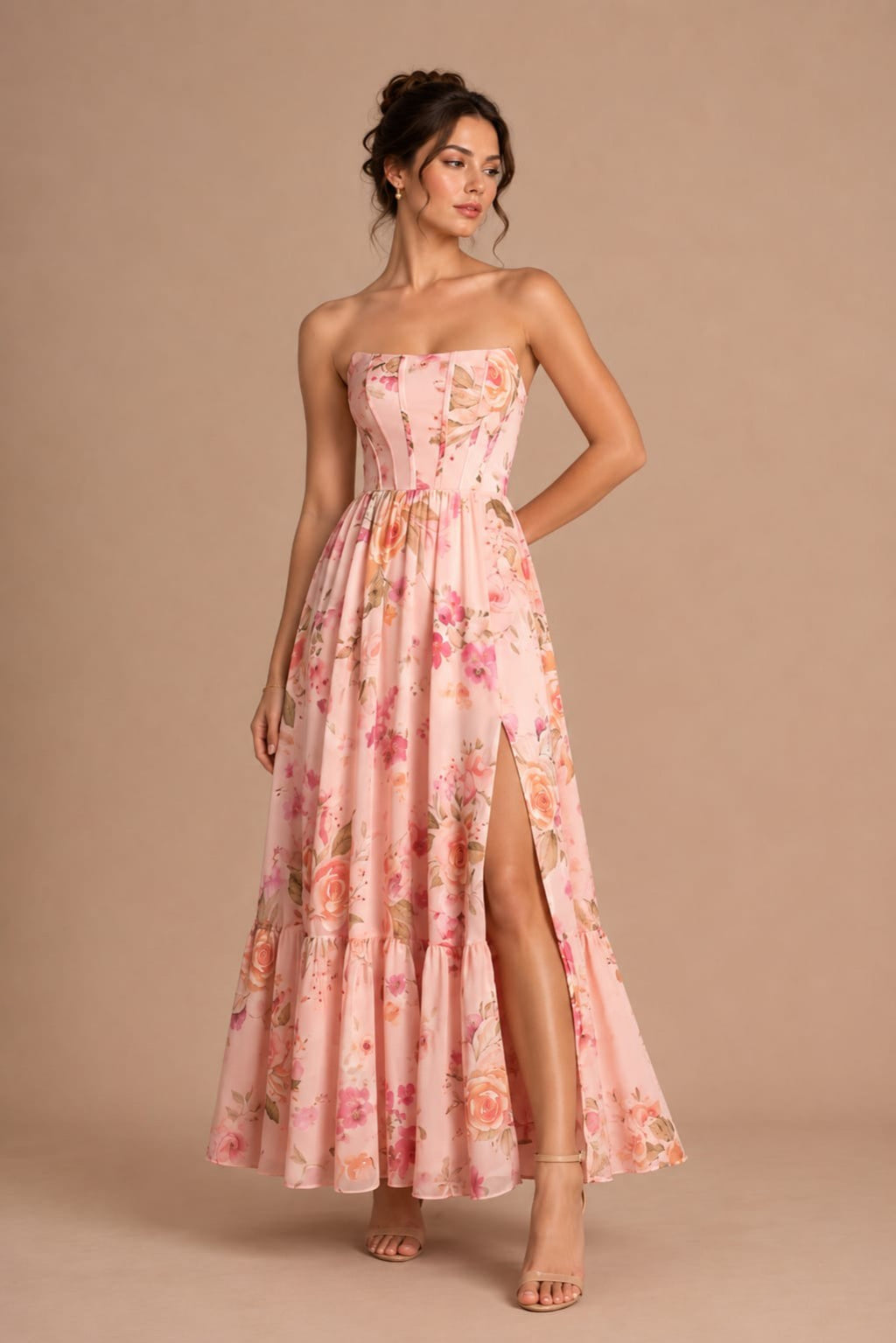 Strapless Floral Chiffon Corset Maxi Dress