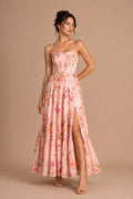 Strapless Floral Chiffon Corset Maxi Dress