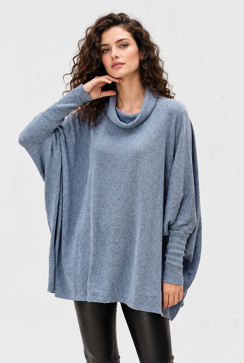 Women's Blue Cowl Neck Oversized Linen Cotton Top