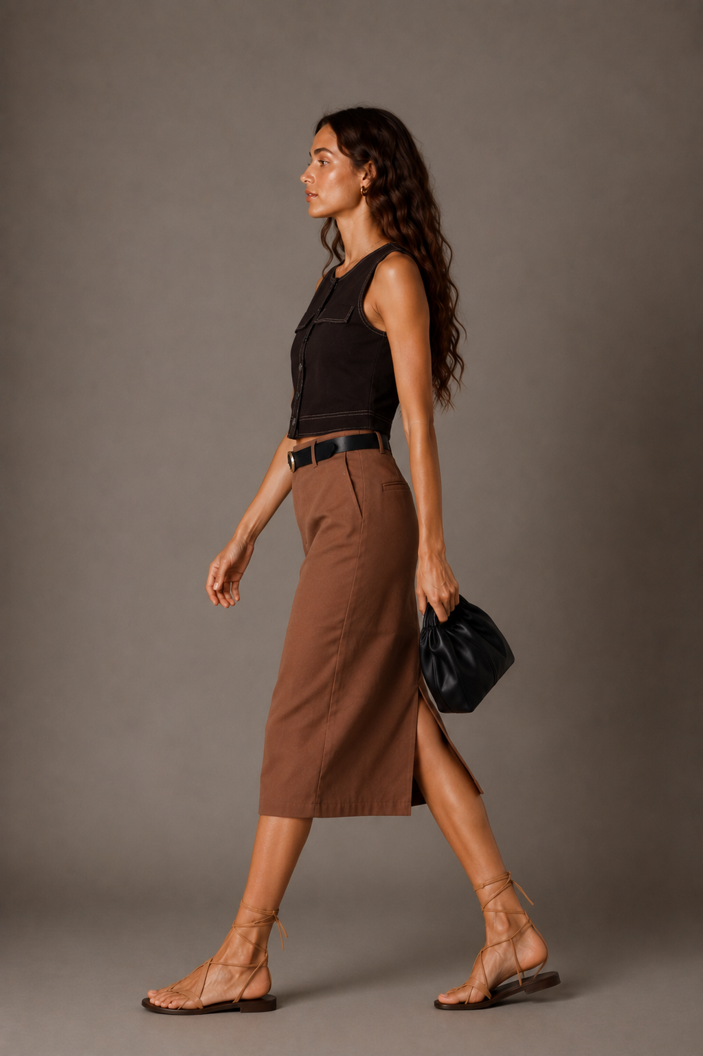 Brown Straight Midi Skirt